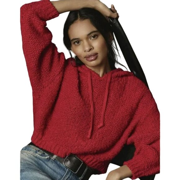 Anthropologie Pilcro Red Crochet Knit Hoodie Sweater Sz Medium NEW - Picture 1 of 6